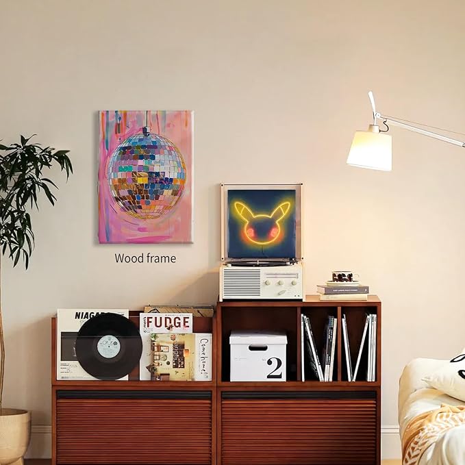 Sufeasdf Retro Pink Disco Ball Poster 12x16 inch Framed Fashion Pink and Orange Disco Ball Painting Prints for Girly Wall Decor