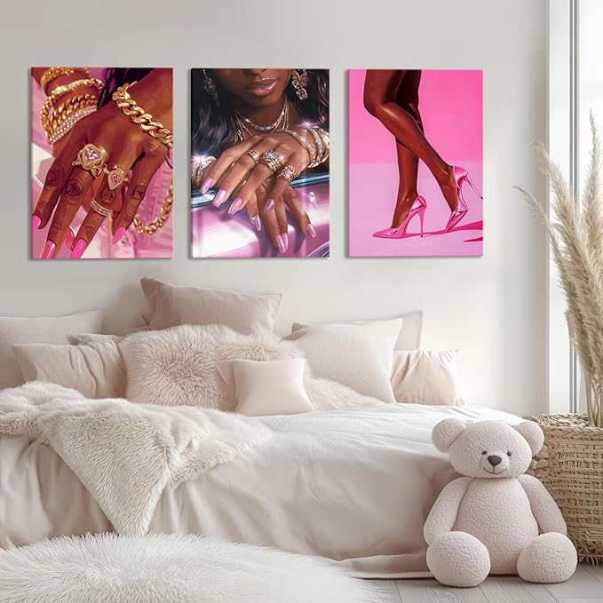 Pink Fashion Black Girl Canvas Wall Art Set of 3 African American Black Woman Posters Wall Decor Fashion Black Woman Pictures Prints for Living Room Bedroom Artwork Home Decoration 16x24Inch Framed