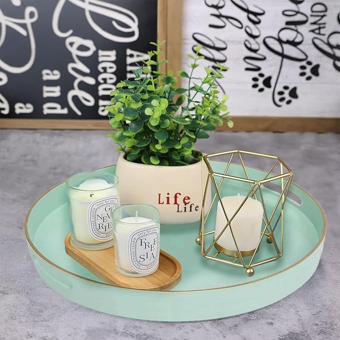 Mint Green Round Serving Tray with Handles,13" Decorative Ottoman Coffee Table for Perfume,Living Room,Home Decor