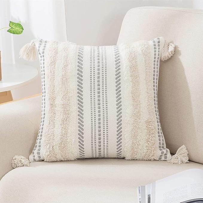 decorUhome Decorative Boho Throw Pillow Cover 20x20, Accent Neutral Textured Tufted Pillow Cover Striped for Couch Bed Sofa, Beige and Cream White, Pack of 1