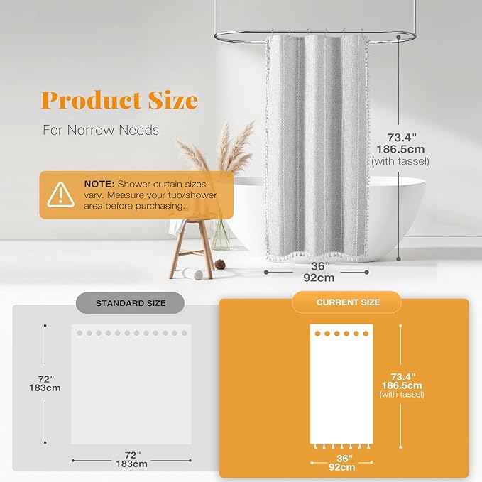 BTTN Boho Shower Stall Curtain - 36x72 Narrow Linen Ultra Thick Striped Tassel Fabric Shower Curtain Set with 6 Hooks, Half Modern Farmhouse Cottage Weighted Shower Curtains for Bathroom - Grey/Gray