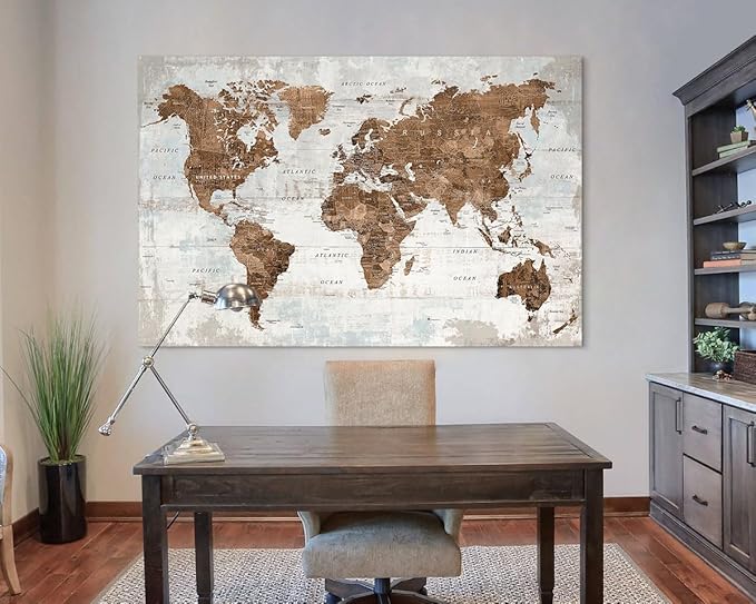 Pictures for Living Room Wall Decoration Canvas Large Wall Art Mens Office Brwon Travel Map Decor Tan Artwork