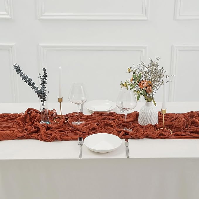DOLOPL 3 Pieces Fall Thanksgiving Table Runners Cheesecloth Table Runner 10ft Rust Boho Cheese Cloth Table Runner Rustic Gauze Long Runner for Thanksgiving Day Wedding Bridal Shower Decorations