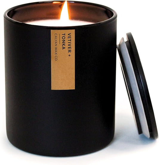 Calyan Wax Co. Soy Wax Candle, Vetiver + Tonka Scented Candle, 75 Hour Burn Time, Aromatherapy Soy Candles, Non Toxic & Vegan Soy Wax, Black Tumbler Scented Candles, 13Oz