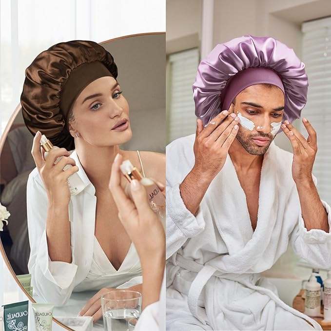 Satin Silk Bonnet for Sleeping, Double Layer Silk Sleep Cap for Men & Women, Soft Satin Lined Bonnet for Natural & Curly Hair(Dark Brown)