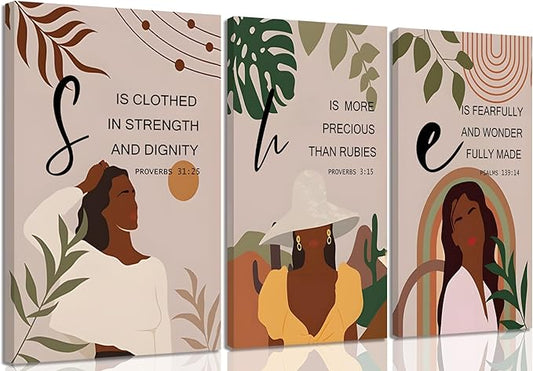 ANVOTIG 3Pcs Black Girl Canvas Wall Art African American Woman Wall Decor Inspirational Boho Culture Signs Western Country Girl Room Posters for Bedroom Livingroom Bathroom Study Framed 12x16in