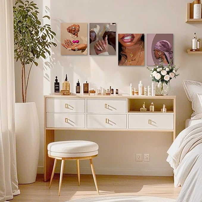4 PCS Fashion Black Woman Aesthetic Poster Set Empowering Trendy Wall Art Abstract Black Girl Painting Magic Canvas Picture Prints for Bedroom Living Room Beauty Salon Office Decor 8x10 Inch Unframe