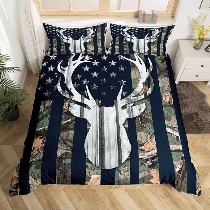 Camo American Flag Duvet Cover Twin Size, Grey Deer and Trees Silhouette Natural Style Comforter Cover with 1 Pillow Sham, 2pcs USA Flag Green Camouflage Bedding Sets for Kids Boys (No Comforter)