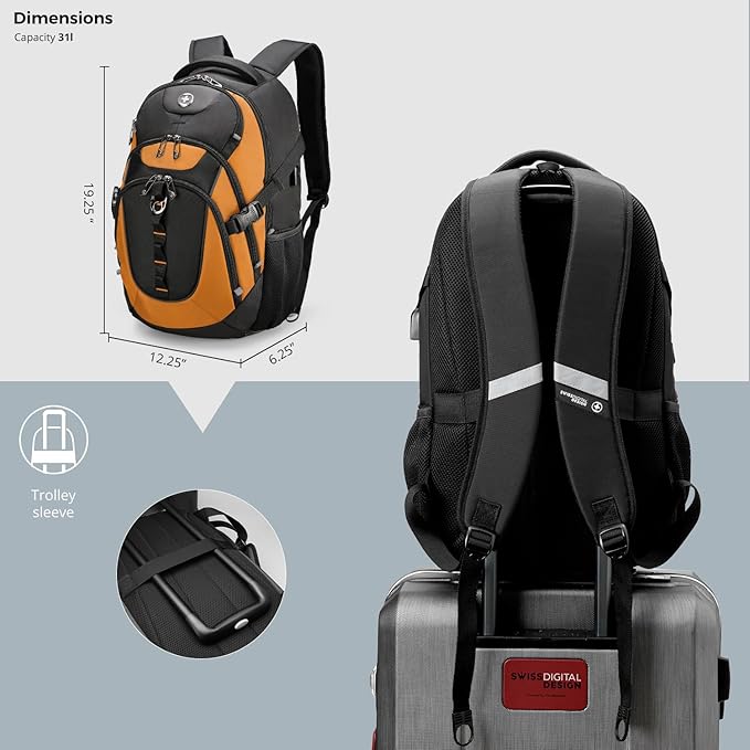 Swissdigital Design Laptop Backpack with USB Charging Port, Travel Backpack Fits 15.6 inches Computer, 31L College School Backpack for Men, Orange/Black | SD803
