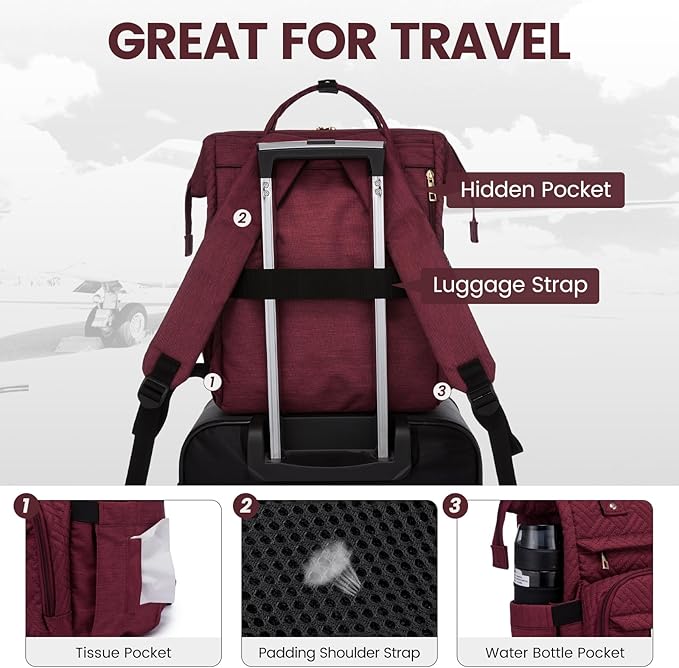 LOVEVOOK Laptop Backpack for Women,17 Inch Professional Womens Travel Backpack Purse Computer Laptop Bag Nurse Teacher Backpack,Waterproof College Work Bags Carry on Back Pack with USB Port,Wine Red