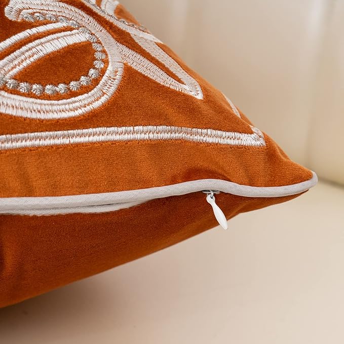 Aeckself European Floral Pillow Cover 18x18 Inch, Luxury Velvet Embroidered Decorative Throw Pillow Cover for Couch Bedroom Living Room, Burnt Orange and White