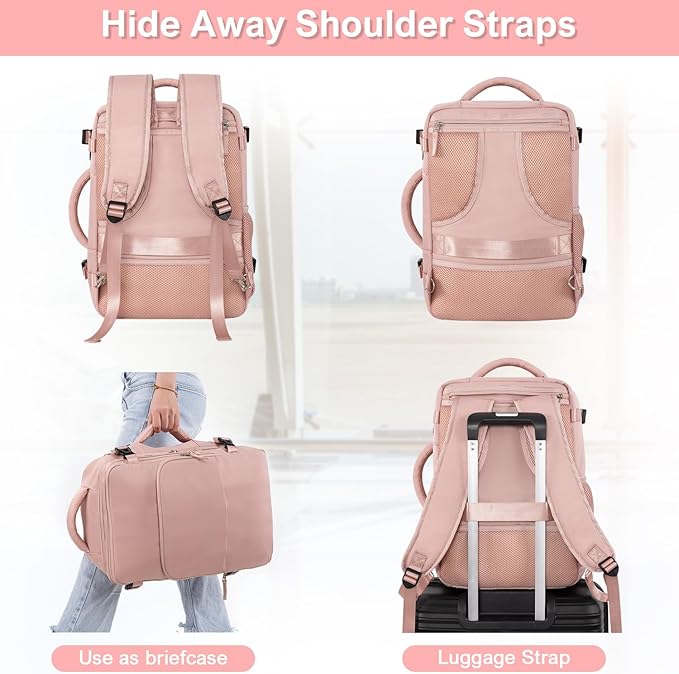 Travel Backpack, Carry on Flight approved Travel Bag with Multi-Pockets, Waterproof 17.3inch Laptop Backpack for Men Women, Pink