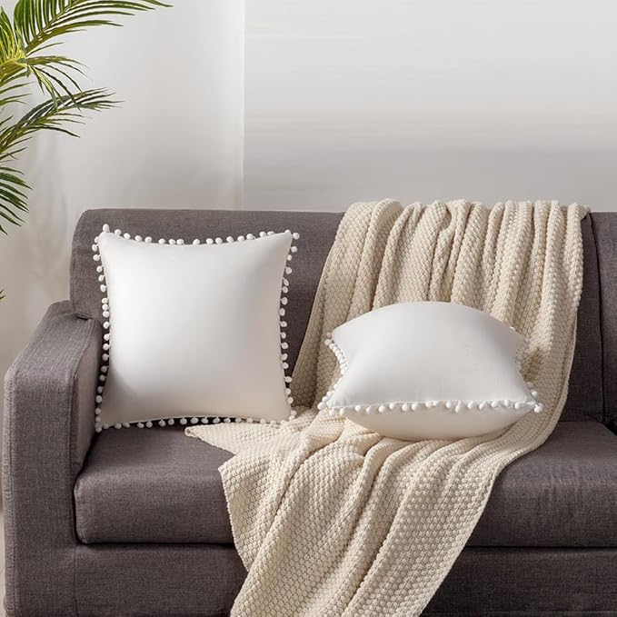 DEZENE Decorative Pillow Cases 16x16 Cream White: 2 Pack Cozy Soft Pom-poms Velvet Square Throw Pillow Covers for Farmhouse Home Decor