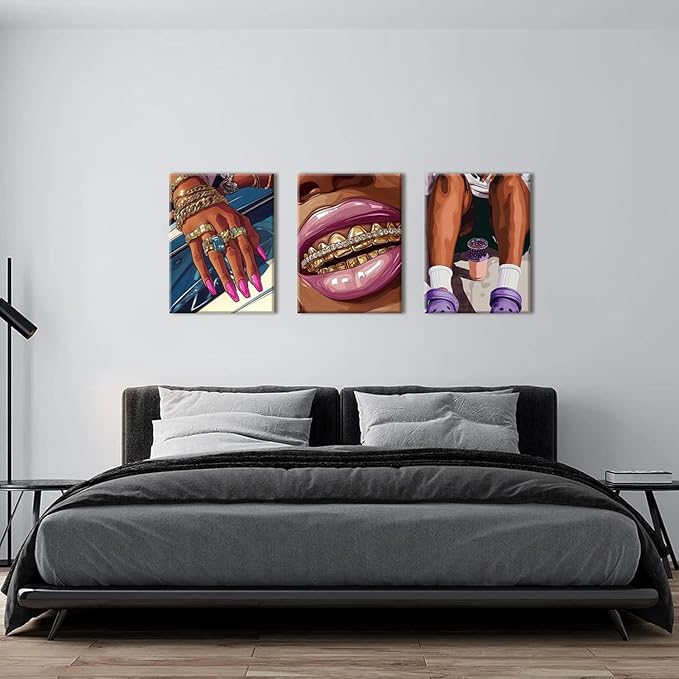 Black Girl Canvas Wall Art Set of 3, Fashion African American Woman Wall Decor Paintings, Abstract Black Women Pictures Prints for Girly Bedroom Living Room Dorm 16x24 inch Framed