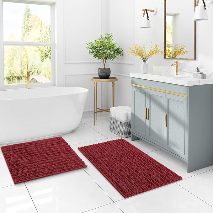 Arotive Luxury Chenille Bathroom Rug Mat, Extra Soft Thick Absorbent Shaggy Bath Rugs, Non-Slip Machine Wash Dry, Plush Bath Mats for Bathroom, Shower and Tub, 47x24, Red