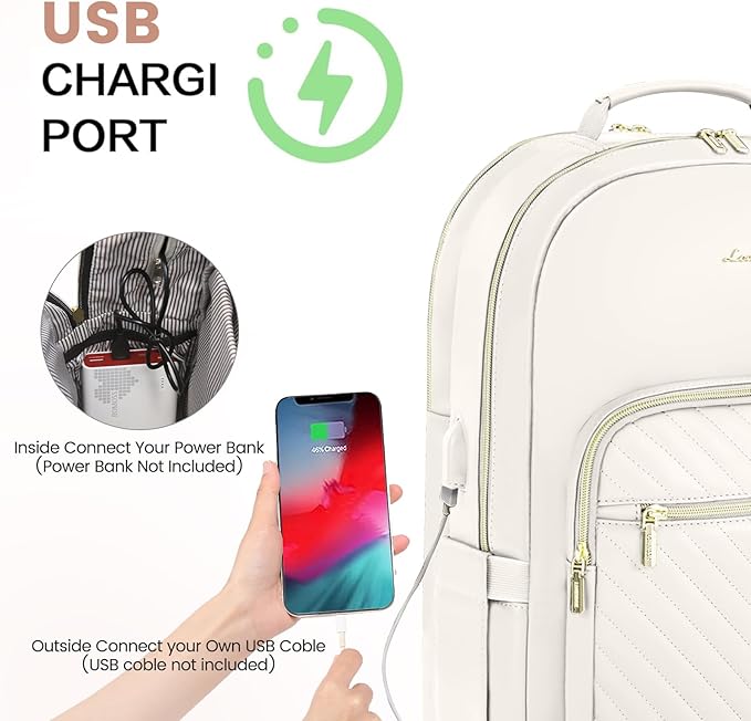 LOVEVOOK Leather Backpacks for Women,17.3 inch Leather Laptop Backpack Women Computer Backpack Laptop Bag,Stylish Quilted Travel Backpack Purse Work College Teacher Backpacks with USB Port,Off-white