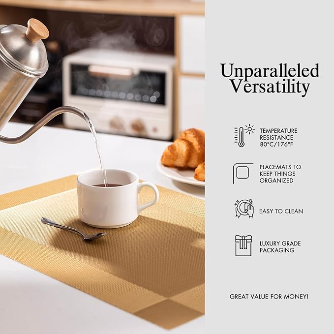 Placemats Set of 6 - Easy Clean Woven Vinyl Placemats for Dining Table, Indoor/Outdoor Place Mats, Washable PVC Table Mats（Gold Cube）