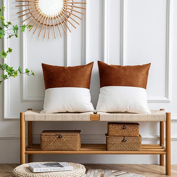 DEZENE Leather Throw Pillow Covers, Set of 2 Modern Leather/Cotton Decorative Pillowcases for Home Decor Bedroom Living Room Couch Bed Sofa, 18x18 Inch, Cognac-Brown and White