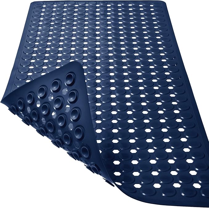Bath Mat for Tub & Shower, Non Slip Soft Bathmat with Suction Cups & Drain Holes, Machine Washable Bathtub Floor Liner Mats for Bathroom, 35x16 Inch, Navy Blue
