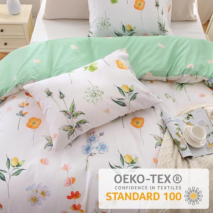 Duvet Cover King Size, Reversible Floral Multicolor Duvet Cover Set with Zipper Closure, 3 Pieces Botanical Patterns Soft Microfiber Bedding Set with 4 Ties (90"x104", 2 Pillow Cases)