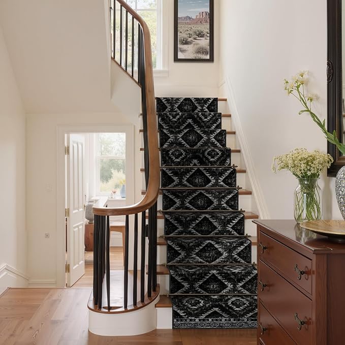 Area Rug 2x8 Rug Machine Washable Non-Slip Low Pile Print Pattern Western Rug for Living Room Bedroom Entryway Tribal Series-Black