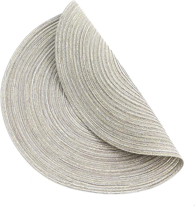 SHACOS Round Braided Placemats Set of 6 Glitter Circle Place Mats Washable 15 inch Table Mats for Dining Table Wedding Party (Light Gray Gold, 6)