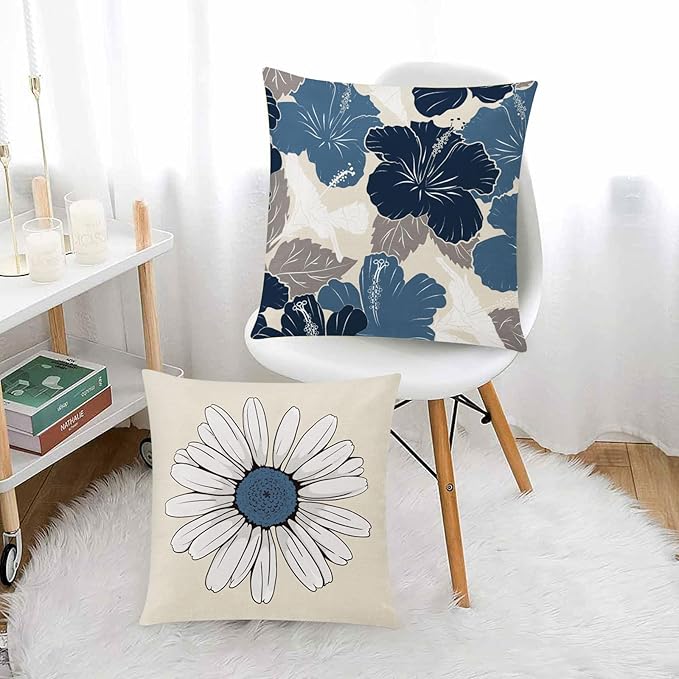 Blue White Pillow Covers 18x18 Set of 6, Daisy Flower Throw Pillow Cover Case Square Cushion Cover for Sofa Bedroom Living Room Farmhouse Home Decor