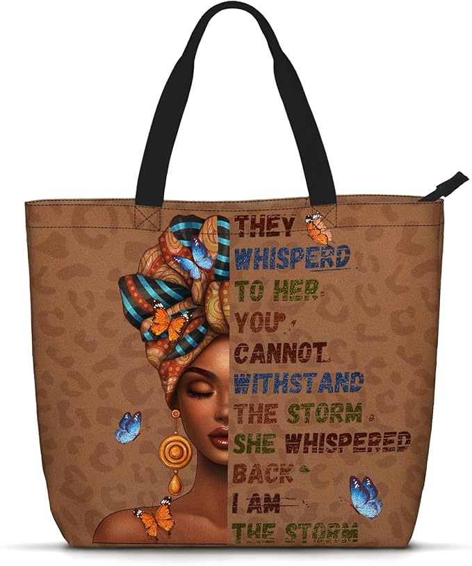 African American Women Tote Bag Black Shoulder Handbag For Women Fit Work Beach Labtops With Zip