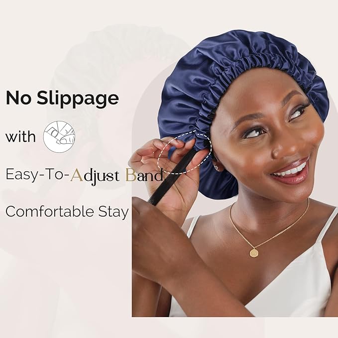 YANIBEST Adjustable Silk Bonnet Double Layer Satin Bonnet Hair Bonnet for Sleeping Bonnets for Women Hats Curly Natural Hair, Navy Blue