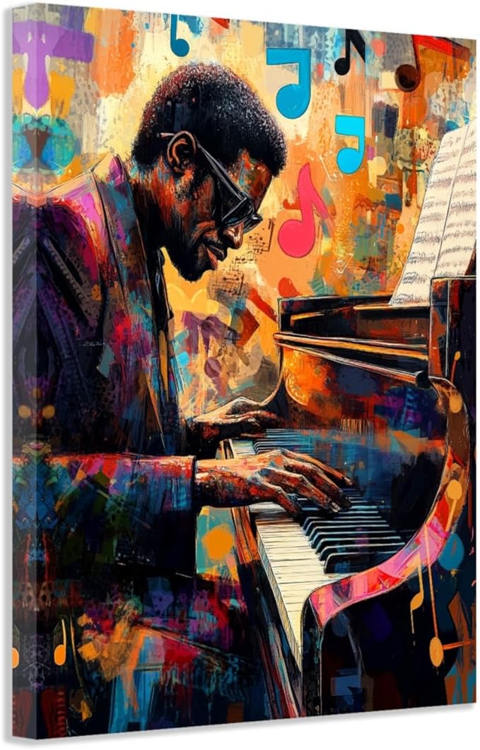 SWQYLB Black Music Wall Art Abstract Jazz Wall Decor African American Painting Canvas Musical Instruments Pictures Classroom Music Men Room Decor Framed (Orange, (24.00" x 36.00"))