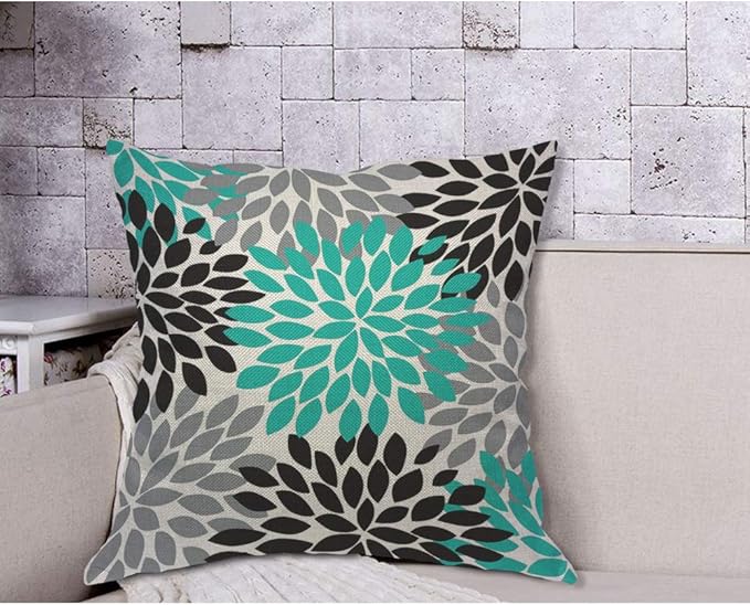 AOYEGO Dahlia Pinnata Floral Throw Pillow Cover Round Circle Elegant Gray Cyan Black Petal Randomly Spot Flower Pillow Case 18x18 Inch Decorative Men Women Room Cushion Cover for Home Couch