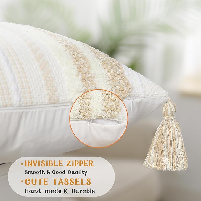 decorUhome Decorative Boho Throw Pillow Cover 18x18, Accent Neutral Textured Tufted Pillow Cover Striped for Couch Bed Sofa, Khaki and Cream White, Pack of 1