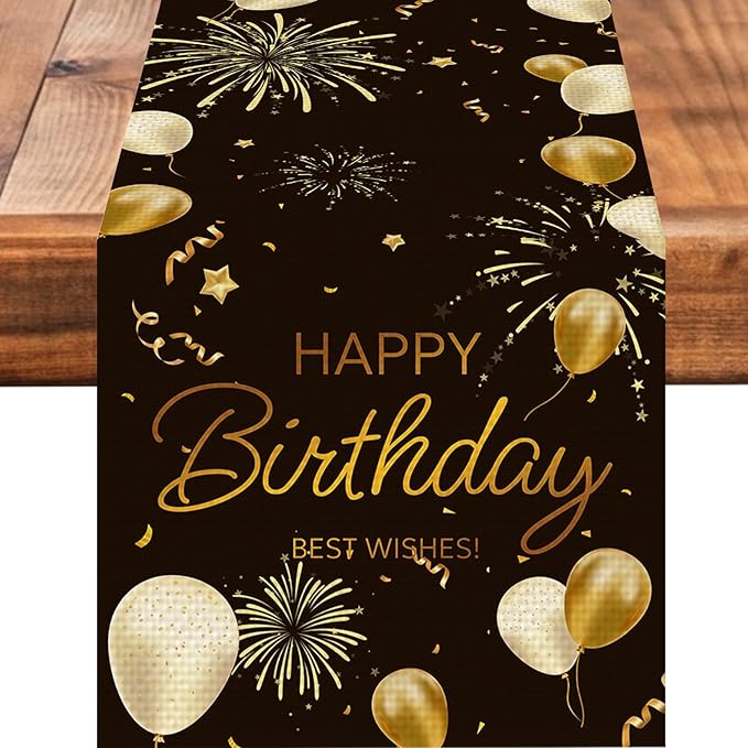 Happy Birthday Black Table Runner Burlap Kitchen Dining Linen Table Decoration for Indoor Outdoor Home Party Dinner 13x72 Inch