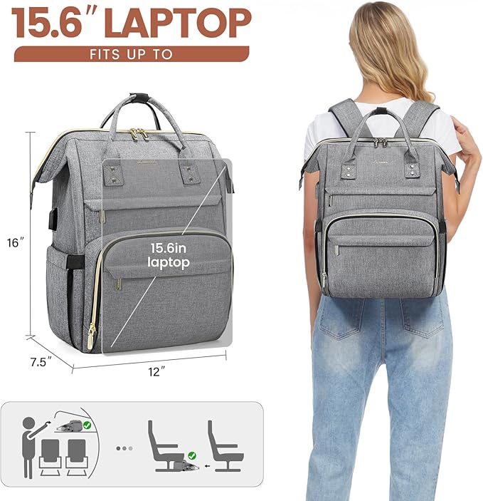 LOVEVOOK Laptop Backpack for Women,15.6 Inch Professional Womens Travel Backpack Purse Computer Laptop Bag Nurse Teacher Backpack,Waterproof College Work Bags Carry on Back Pack with USB Port,Grey
