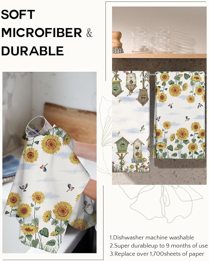 Microfiber Kitchen Towels - Set of 2 Dish Towels for Kitchen 18 x 26 Inch Home Decoration Farm Sunflower Cute Spring Hand Towels Soft & Absorbent Aesthetic Design