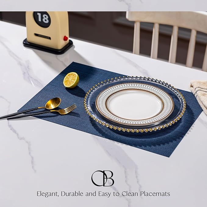 Placemats Set of 6 - Easy Clean Woven Vinyl Placemats for Dining Table, Indoor/Outdoor Place Mats, Washable PVC Table Mats（Navy Blue）