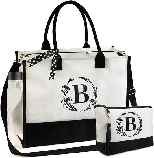 BeeGreen Embroidery Monogram Initial Tote Bag for Women Teacher Mom Friend Personalized Gift for Birthday Beach Work Wedding