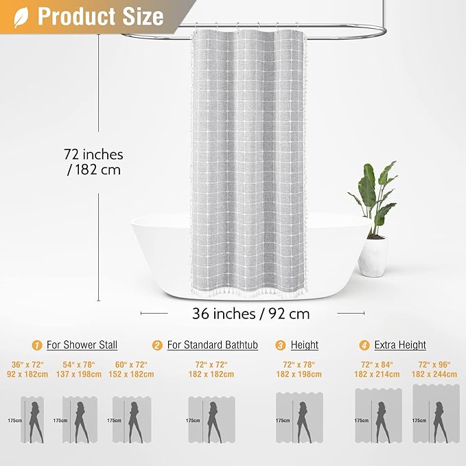 BTTN Boho Shower Stall Curtain - 36x72 Narrow Linen Ultra Thick Tassel Fabric Shower Curtain Set with 6 Plastic Hooks, Half Modern Farmhouse Country Weighted Shower Curtains for Bathroom - Gray/Grey