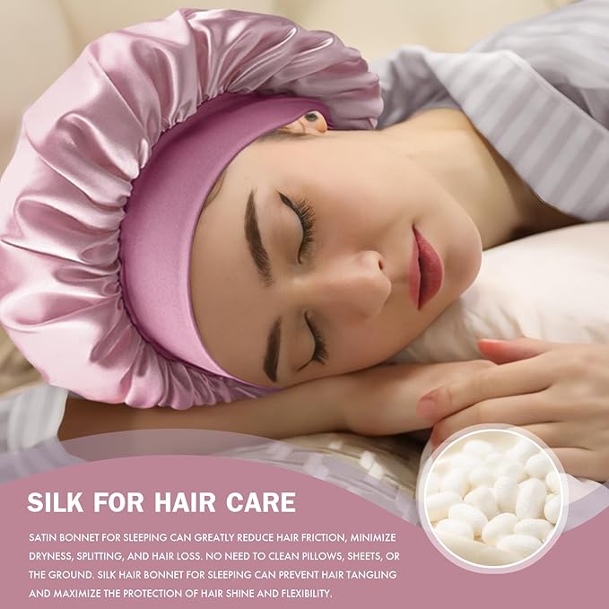 Satin Silk Bonnet for Sleeping, Double Layer Silk Sleep Cap for Men & Women, Soft Satin Lined Bonnet for Natural & Curly Hair(BeanPaste Pink)