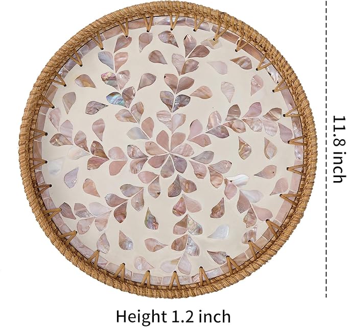 Round Rattan Tray for Home Decor 11.8 inch, Modern and Boho Decor Serving Tray with Mother of Pearl Inlay, Wicker Basket for Coffee Table, Hand Woven Decorative Tray Plates (Gold)