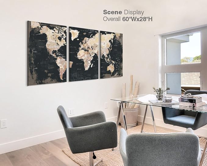 Bedroom Wall Decor Black Wall Art for Living Room Pictures Office Decor for Men World Map for Wall Inspirational Canvas Paintings Framed Artwork