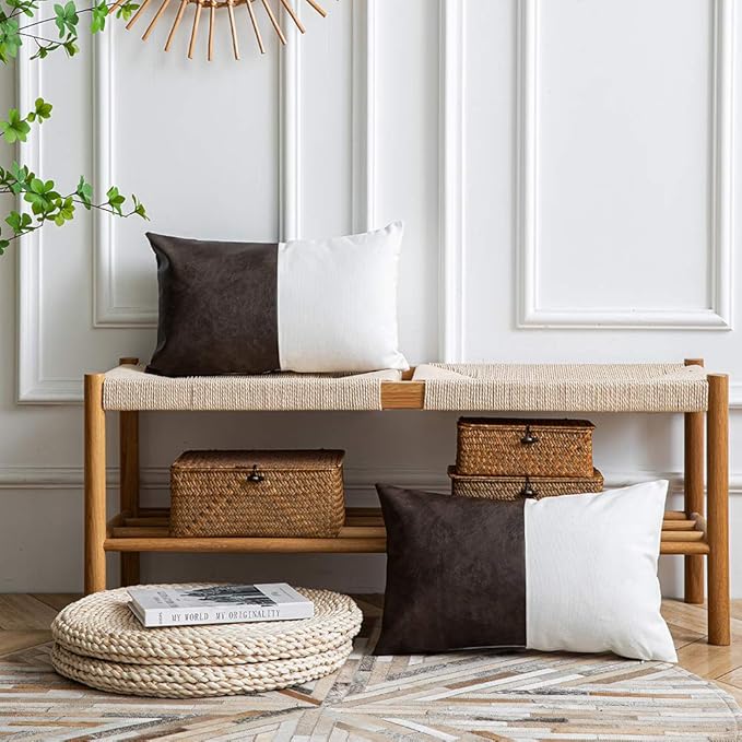 DEZENE Leather Throw Pillow Covers, Set of 2 Modern Leather/Cotton Decorative Pillowcases for Home Decor Bedroom Living Room Couch Bed Sofa, 12x20 Inch, Dark-Brown and White