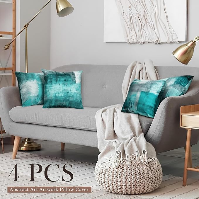 Teal and Gray Throw Pillow Covers,Set of 4 20 x 20 Inch Turquoise Modern Abstract Art Artwork Decorative Pillow Cushion Covers for Couch Bedroom Living Room