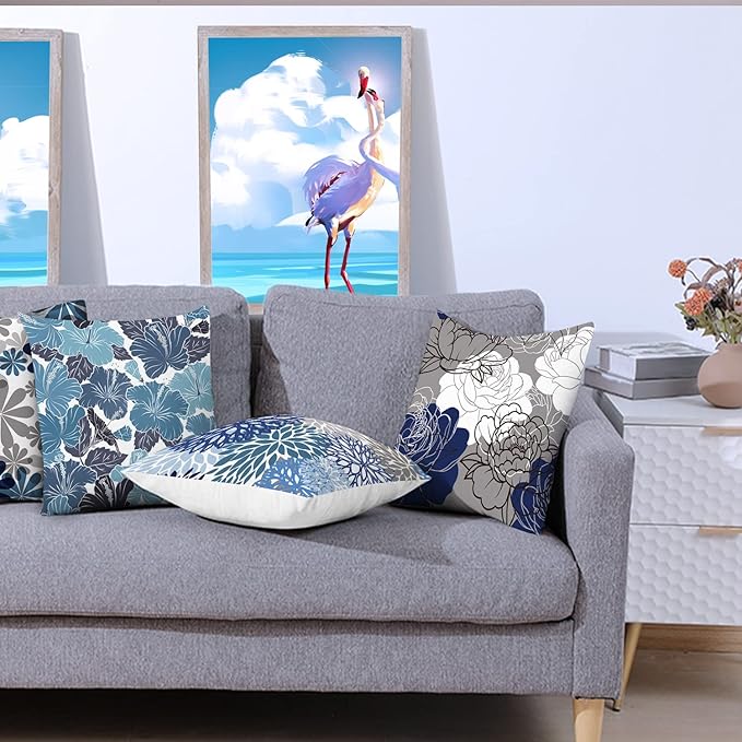 COMMINY Blue Grey Pillow Covers 16x16 Set of 6 Decorative Daisy Flower Throw Pillow Cover for Couch Modern Farmhouse Cushion Pillow Case for Living Room Patio Home Decor