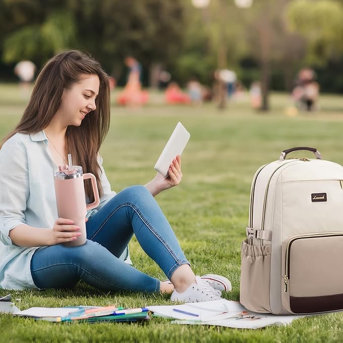 LOVEVOOK Laptop Backpack for Women with Pouch Pocket for Large Capacity Cup,18 Inch Laptop Computer Bag Travel Backpack Purse,Waterproof Work Business College Teacher Backpack,Beige-Nude-Logam Plum