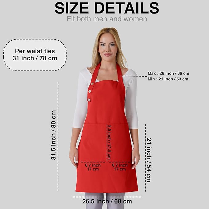 TOSHE Kitchen Apron Waterdrop Resistant Cotton Apron with adjustable Aprons for Women with Pockets 10 Color option Cooking Red Apron (Red)