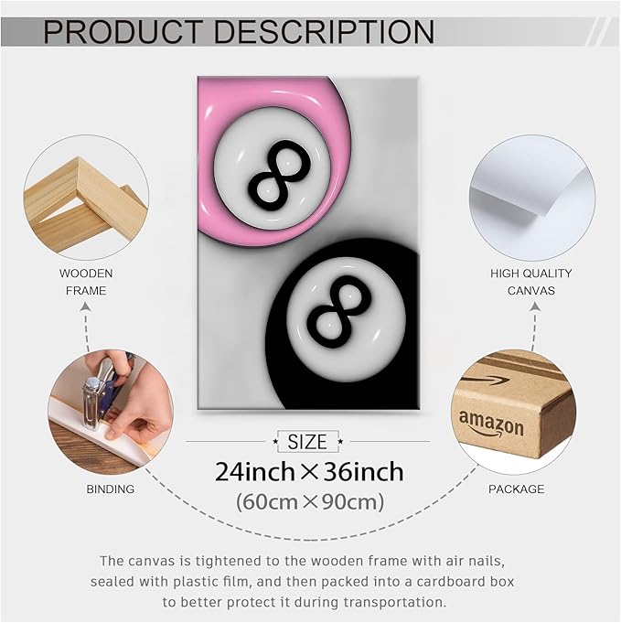 Trendy Pink and Black 8 Billiards Balls Poster Retro Pool Ball Couple Wall Art Y2K Aesthetic Canvas Prints 24x36 inch Framed Preppy Room Wall Decor for Billiard Hall College Dorm