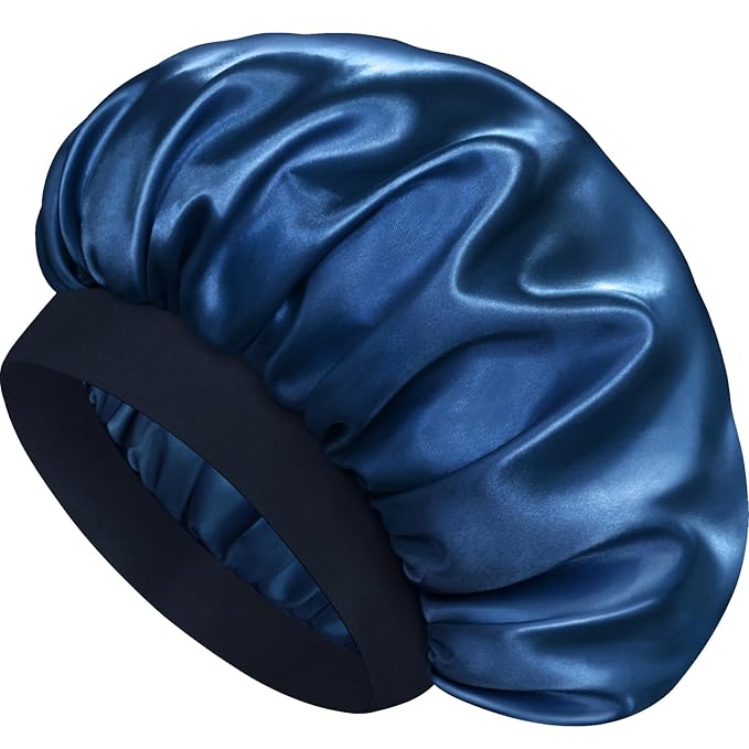 Satin Silk Bonnet for Sleeping, Double Layer Silk Sleep Cap for Men & Women, Soft Satin Lined Bonnet for Natural & Curly Hair(Navy Blue)