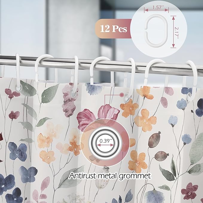 Aimego Spring Floral Shower Curtain -Colorful Watercolor Ink Flowers Plant Summer Nature Botanical Fabric Cloth Bath Shower Curtain Set with 12 Hooks for Bathroom Decor Accessories, 72"x72"