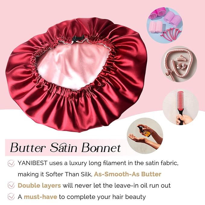 YANIBEST Adjustable Silk Bonnet Double Layer Satin Bonnet Hair Bonnet for Sleeping Bonnets for Women Hats Curly Natural Hair, Burgundy
